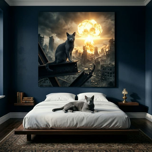 Lightfall Contrast Canvas room mockup; custom cat portrait canvas from photo in the Lightfall Contrast style; gray cat; proof before print.