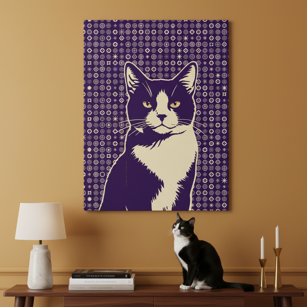 Risograph Canvas room mockup; custom cat portrait canvas from photo in the Risograph style; tuxedo cat; proof before print.