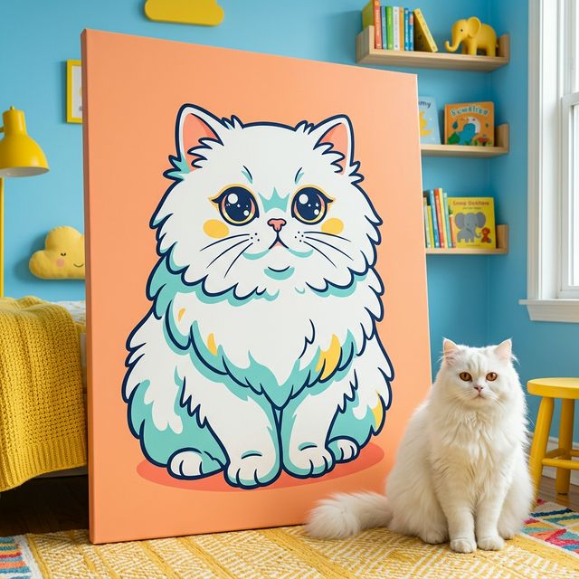 Cute Kawaii Line Art Canvas room mockup; custom cat portrait canvas from photo in the Cute Kawaii Line Art style; longhair cat; proof before print.