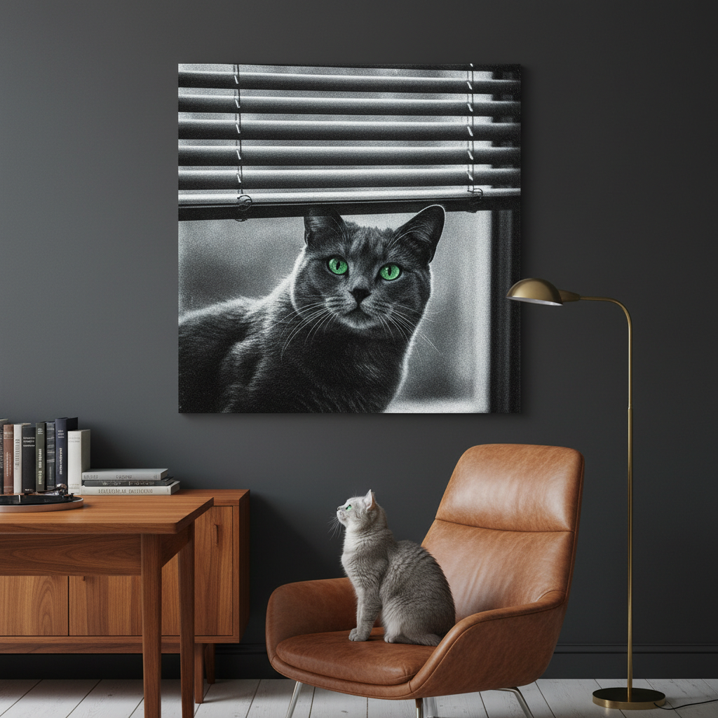 Retro Surveillance Canvas room mockup; custom cat portrait canvas from photo in the Retro Surveillance style; gray cat; proof before print.