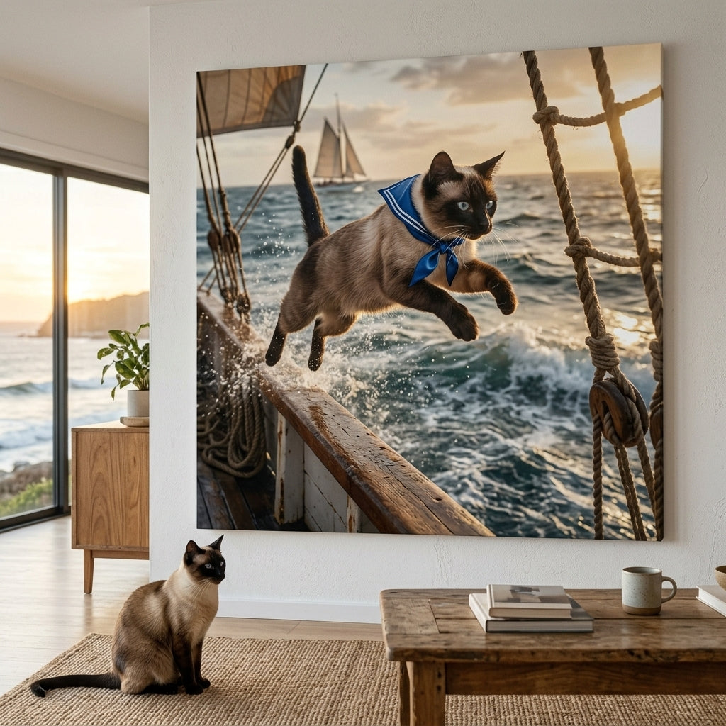 Open Water Canvas room mockup; custom cat portrait canvas from photo in the Open Water style; pointed cat; proof before print.