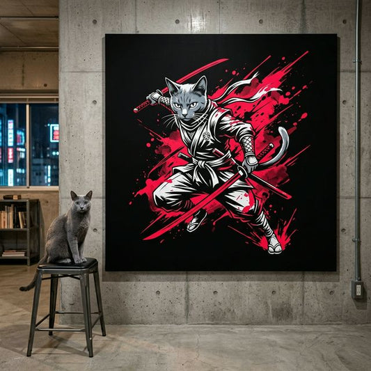 Graphic Ninja Canvas room mockup; custom cat portrait canvas from photo in the Graphic Ninja style; ninja-themed; gray cat; proof before print.