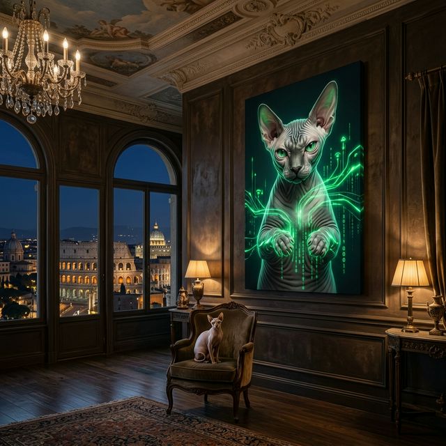 Emerald Signal Canvas room mockup; custom cat portrait canvas from photo in the Emerald Signal style; hairless cat; proof before print.