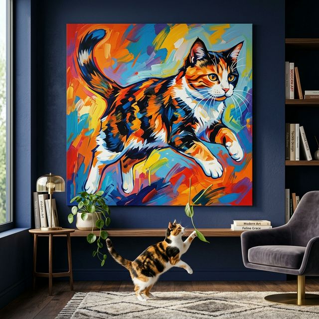 Expressive Brushstroke Canvas room mockup; custom cat portrait canvas from photo in the Expressive Brushstroke style; calico cat; proof before print.
