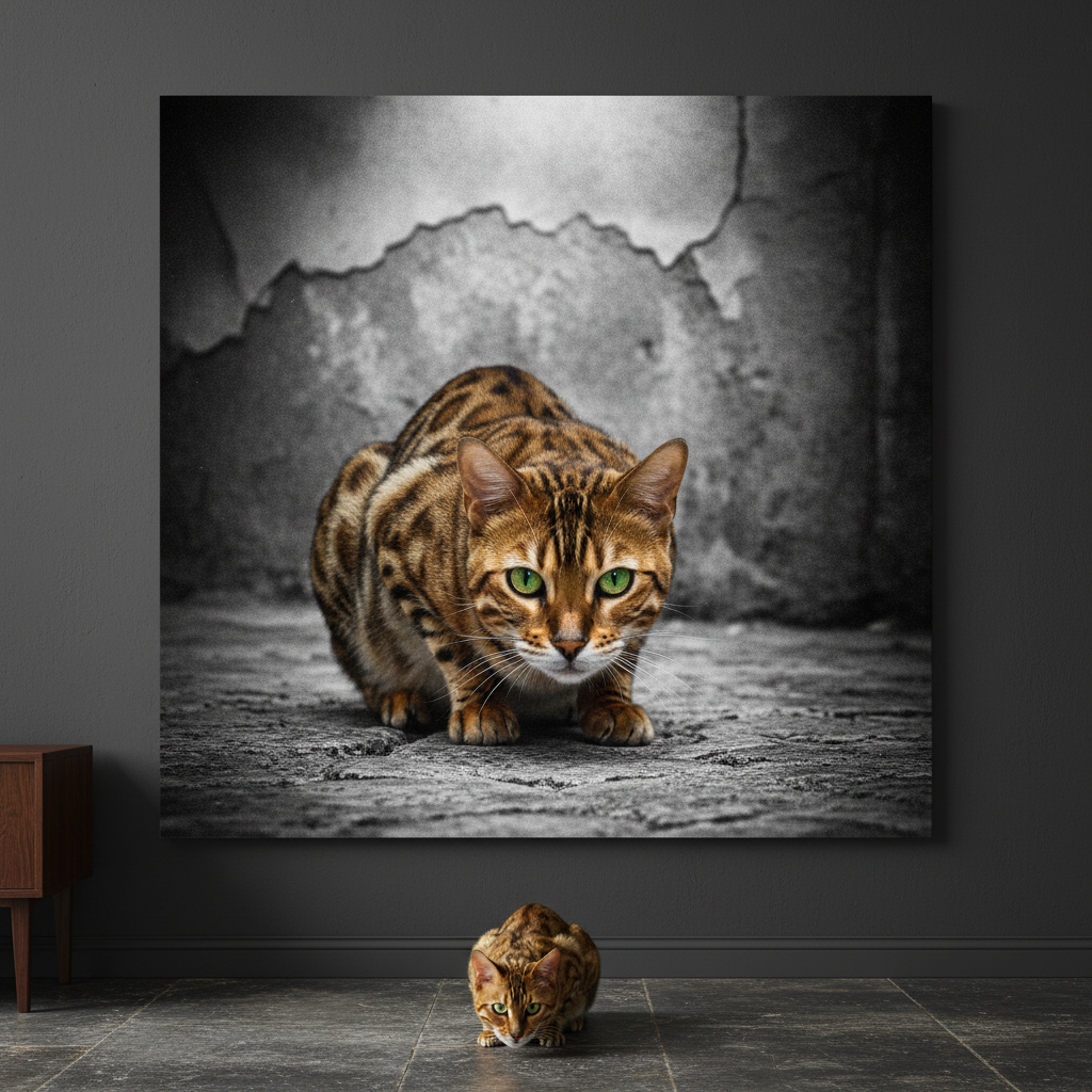 Rural Stone Canvas room mockup; custom cat portrait canvas from photo in the Rural Stone style; spotted tabby-like cat; proof before print.