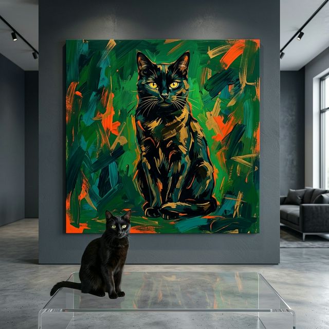 Expressive Brushstroke Canvas room mockup; custom cat portrait canvas from photo in the Expressive Brushstroke style; black cat; proof before print.