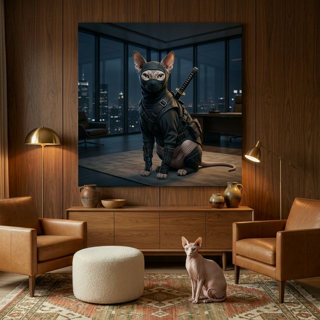 Midnight Operative Canvas room mockup; custom cat portrait canvas from photo in the Midnight Operative style; ninja-themed; hairless cat; proof before print.