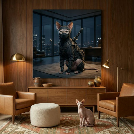 Midnight Operative Canvas room mockup; custom cat portrait canvas from photo in the Midnight Operative style; ninja-themed; hairless cat; proof before print.