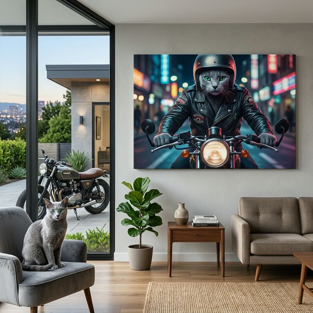 Cinematic Biker Canvas room mockup; custom cat portrait canvas from photo in the Cinematic Biker style; gray cat; proof before print.