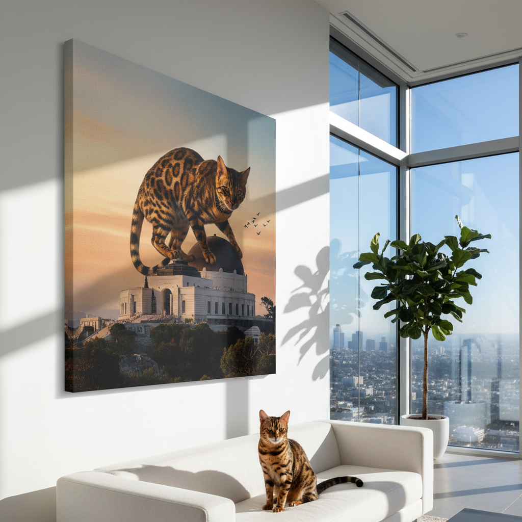 Colossal Cityscape Cat Canvas room mockup; custom cat portrait canvas from photo in the Colossal Cityscape Cat style; spotted tabby-like cat; proof before print.