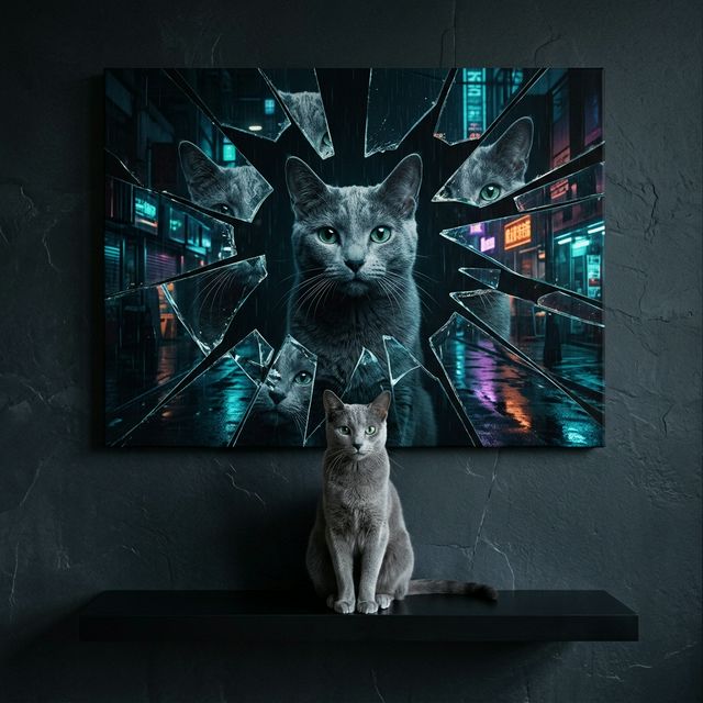 Neon Reflection Canvas room mockup; custom cat portrait canvas from photo in the Neon Reflection style; gray cat; proof before print.