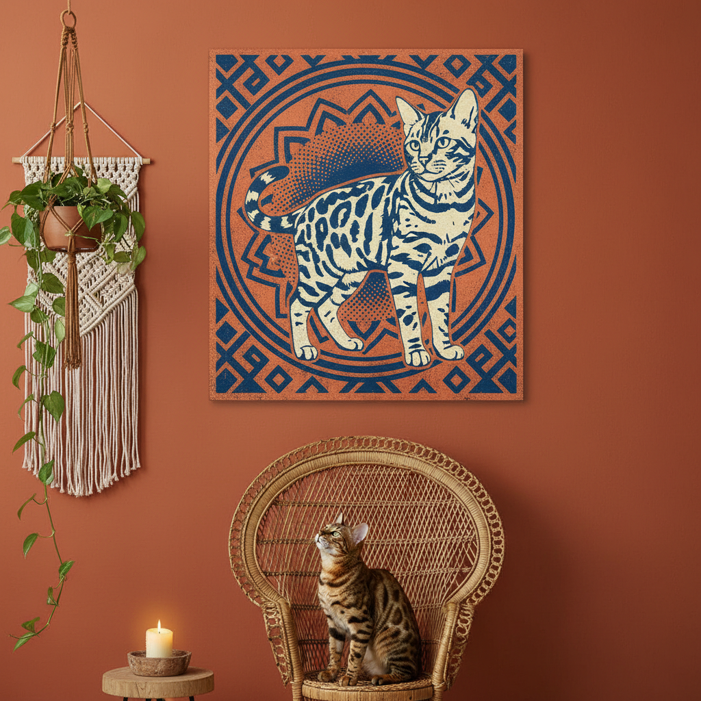 Risograph Canvas room mockup; custom cat portrait canvas from photo in the Risograph style; spotted tabby-like cat; proof before print.