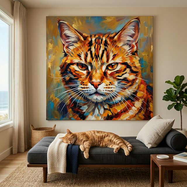 Expressive Brushstroke Canvas room mockup; custom cat portrait canvas from photo in the Expressive Brushstroke style; longhair cat; proof before print.