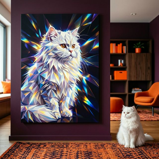 Crystal Shard Canvas room mockup; custom cat portrait canvas from photo in the Crystal Shard style; longhair cat; proof before print.