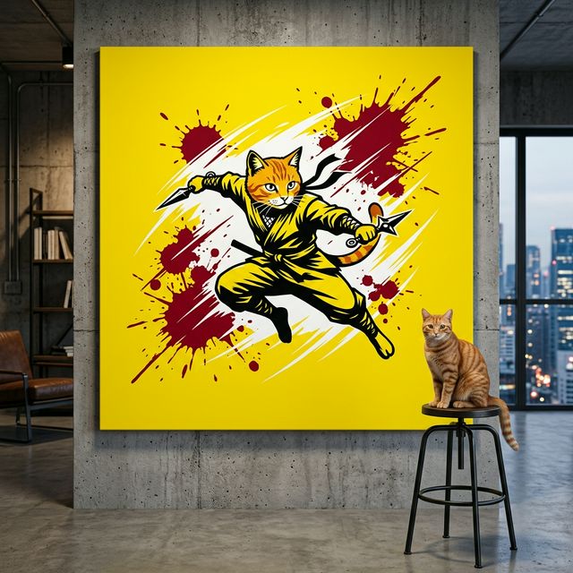 Graphic Ninja Canvas room mockup; custom cat portrait canvas from photo in the Graphic Ninja style; ninja-themed; orange tabby cat; proof before print.