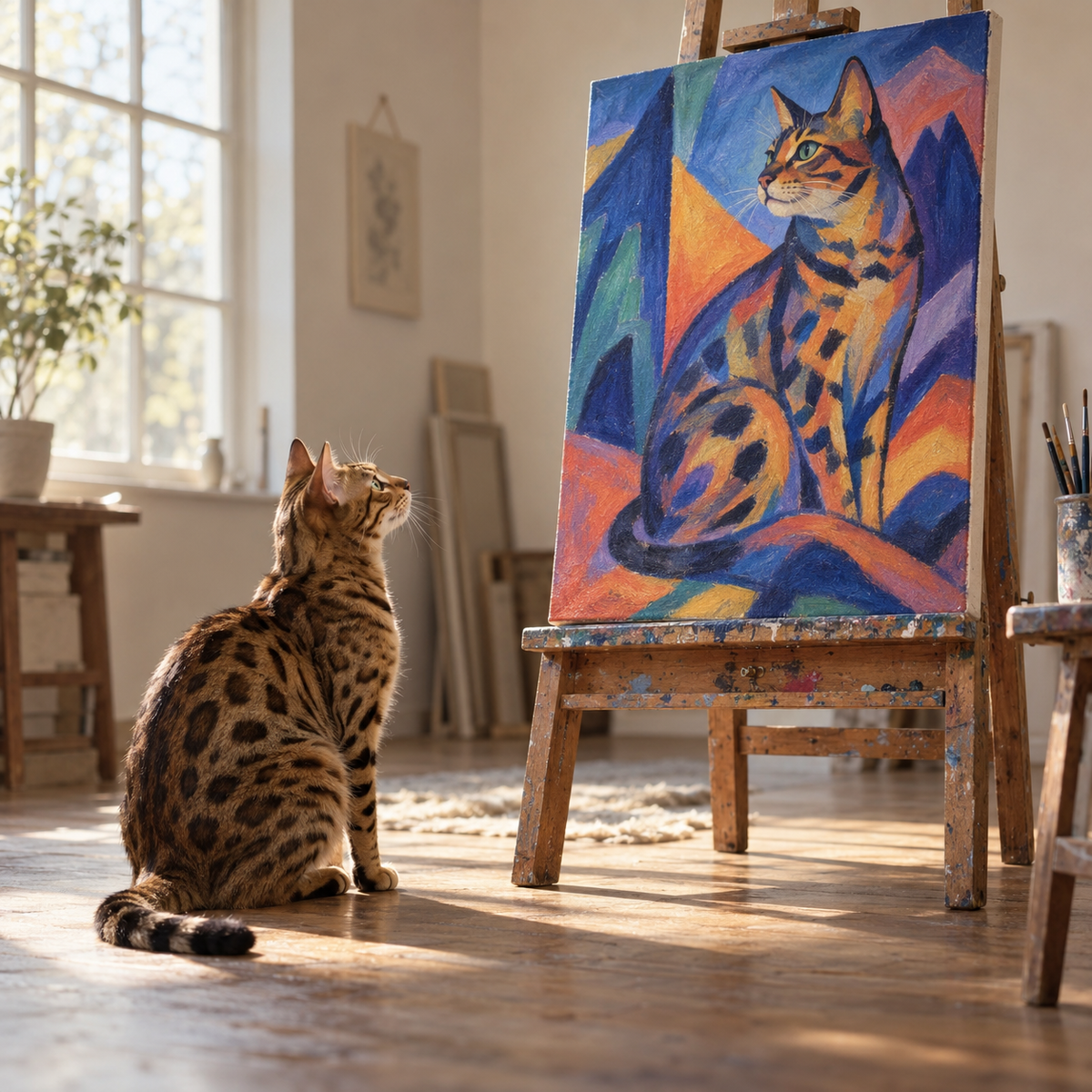 Bengal cat beside its expressionism style canvas portrait