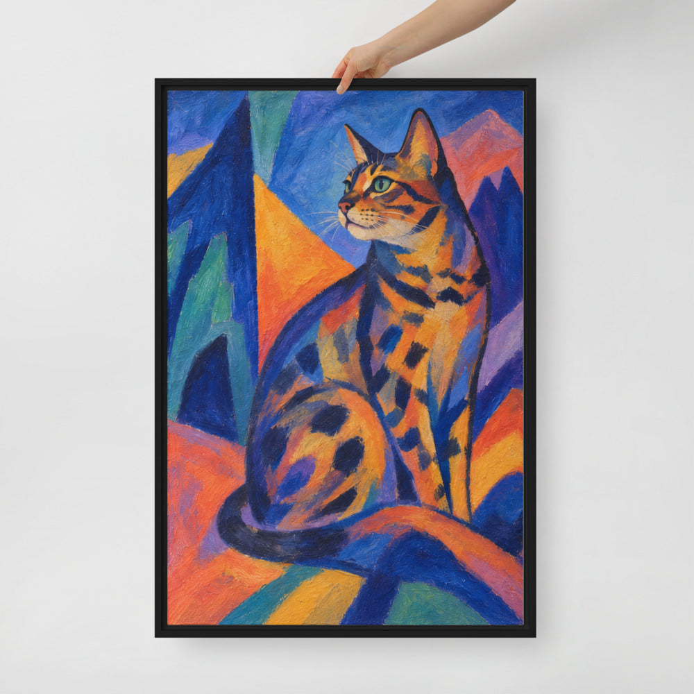 Expressionism cat portrait canvas print, 24 x 36 in, in a black floating frame