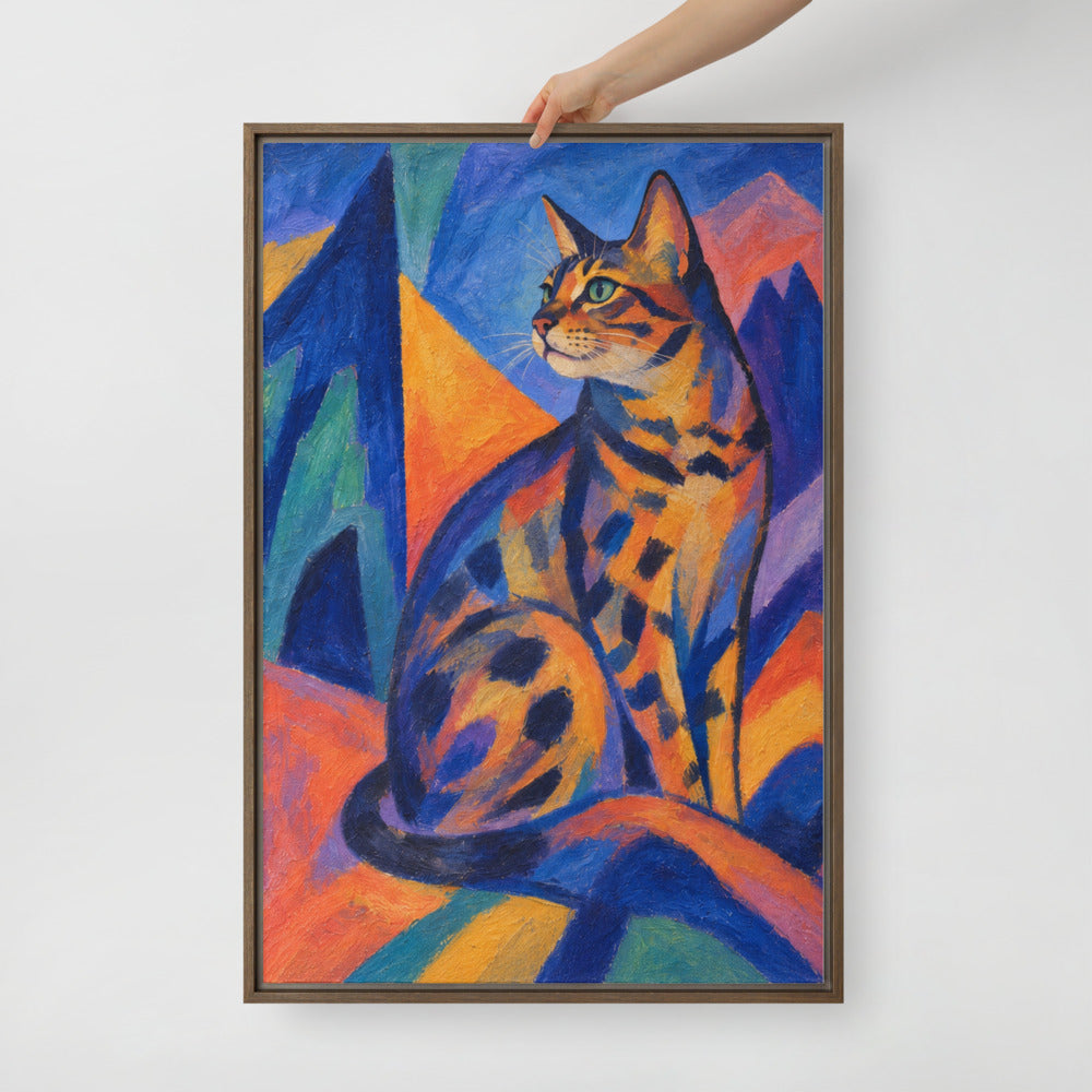 Expressionism cat portrait canvas print, 24 x 36 in, in a brown floating frame