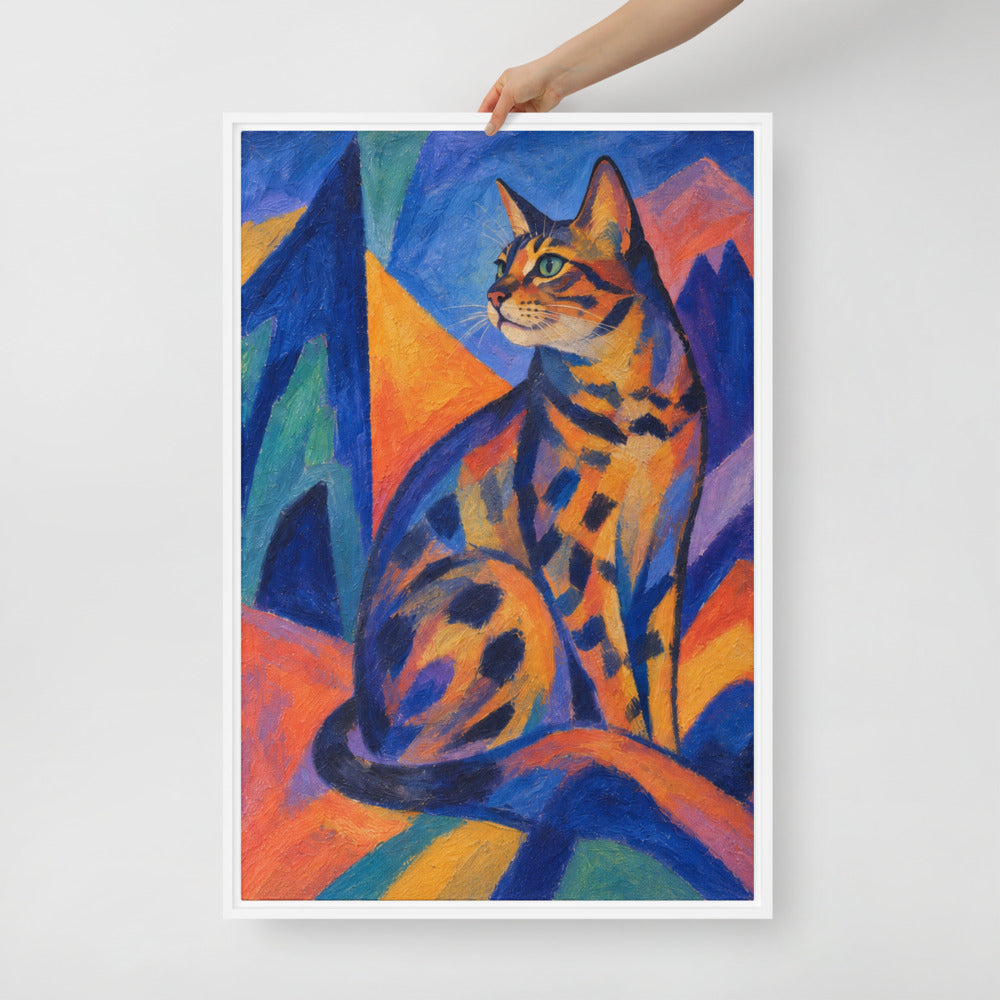 Expressionism cat portrait canvas print, 24 x 36 in, in a white floating frame