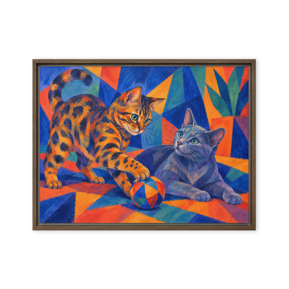 Expressionism portrait of 2 cats, canvas print in a brown floating frame