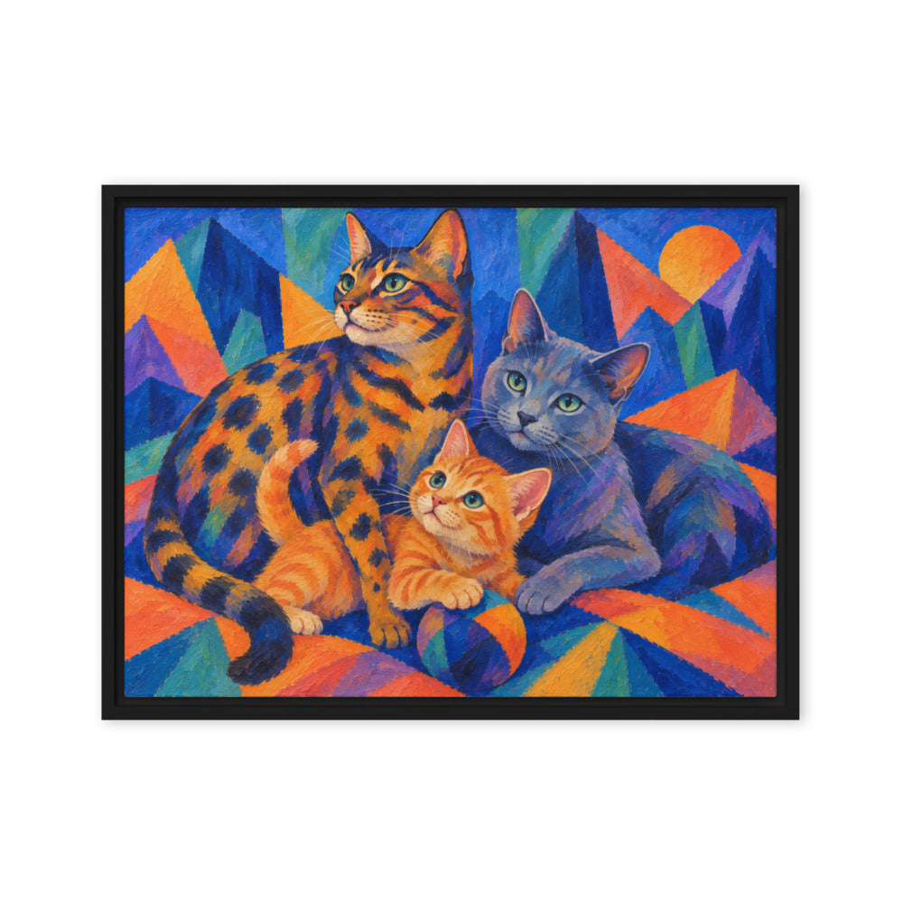 Expressionism portrait of 3 cats, canvas print in a black floating frame