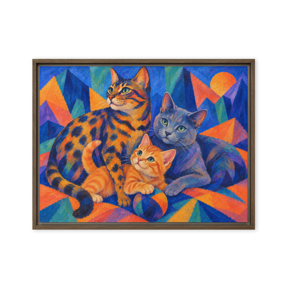 Expressionism portrait of 3 cats, canvas print in a brown floating frame