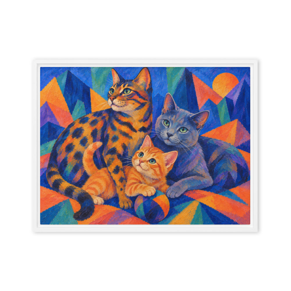 Expressionism portrait of 3 cats, canvas print in a white floating frame