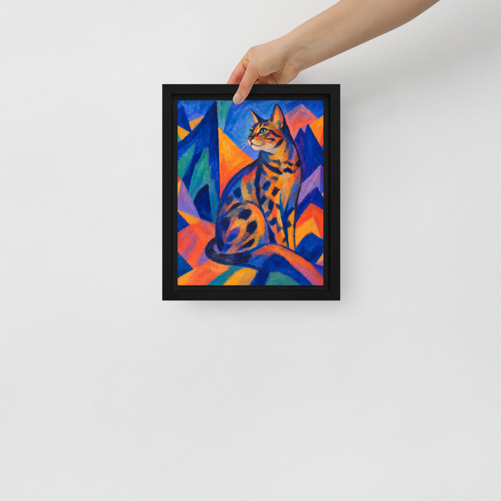 Expressionism cat portrait canvas print, 8 x 10 in, in a black floating frame