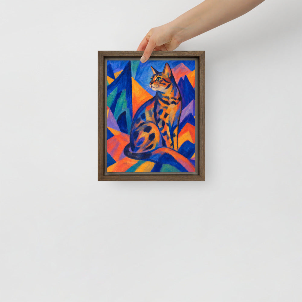 Expressionism cat portrait canvas print, 8 x 10 in, in a brown floating frame