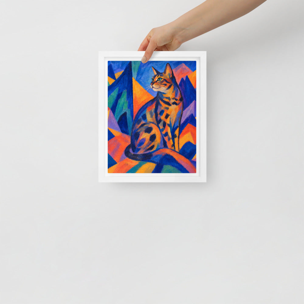 Expressionism cat portrait canvas print, 8 x 10 in, in a white floating frame