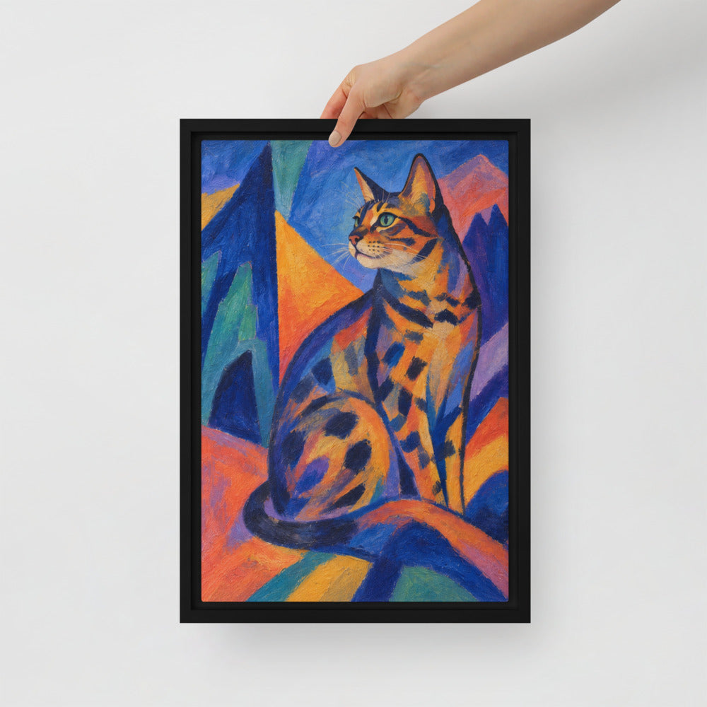 Expressionism cat portrait canvas print, 12 x 18 in, in a black floating frame