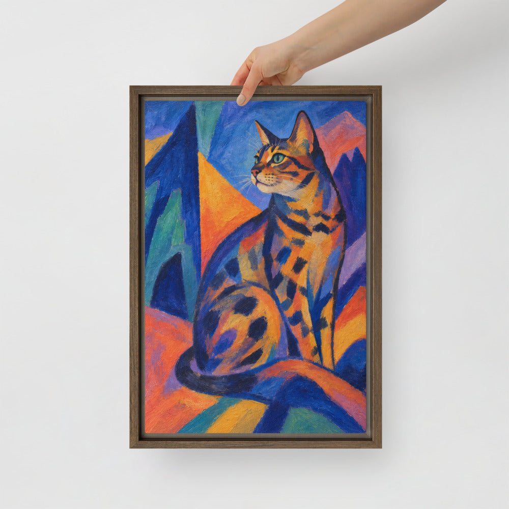 Expressionism cat portrait canvas print, 12 x 18 in, in a brown floating frame