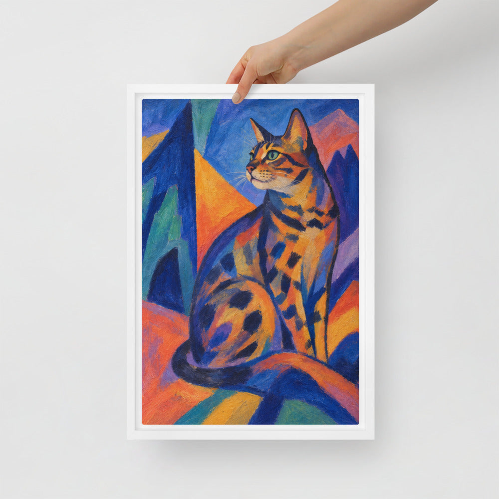 Expressionism cat portrait canvas print, 12 x 18 in, in a white floating frame