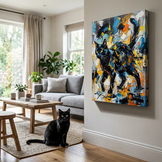 Expressive Brushstroke Canvas room mockup; custom cat portrait canvas from photo in the Expressive Brushstroke style; black cat; proof before print.