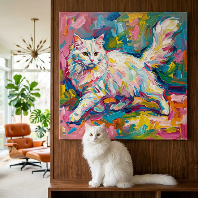 Expressive Brushstroke Canvas room mockup; custom cat portrait canvas from photo in the Expressive Brushstroke style; longhair cat; proof before print.