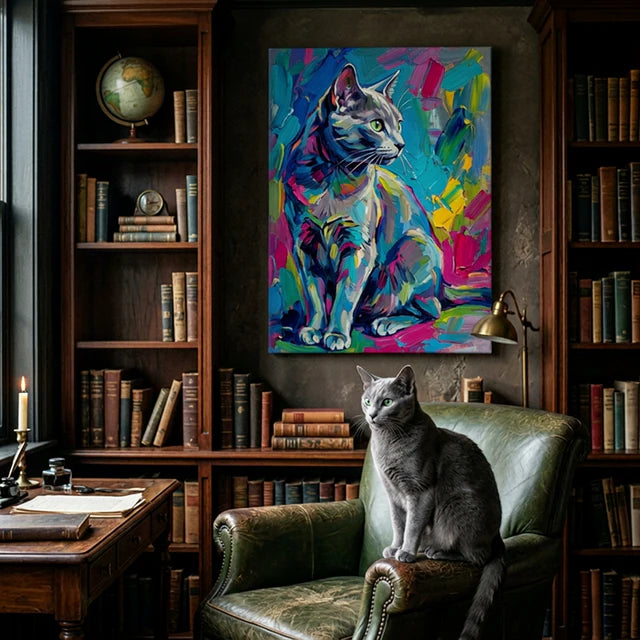 Expressive Brushstroke Canvas room mockup; custom cat portrait canvas from photo in the Expressive Brushstroke style; gray cat; proof before print.