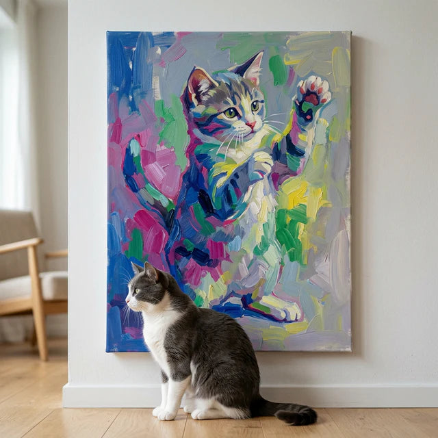Expressive Brushstroke Canvas room mockup; custom cat portrait canvas from photo in the Expressive Brushstroke style; gray cat; proof before print.