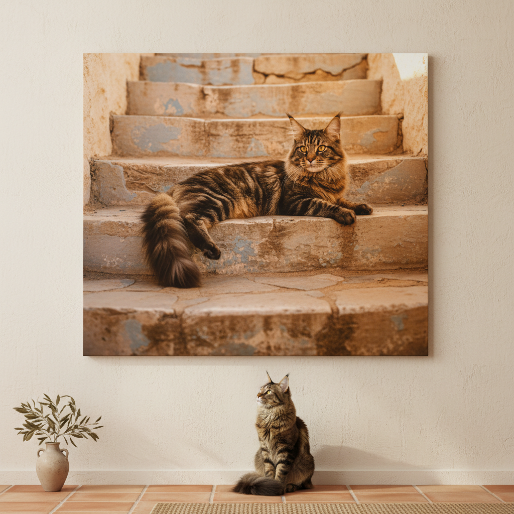 Rural Stone Canvas room mockup; custom cat portrait canvas from photo in the Rural Stone style; longhair cat; proof before print.