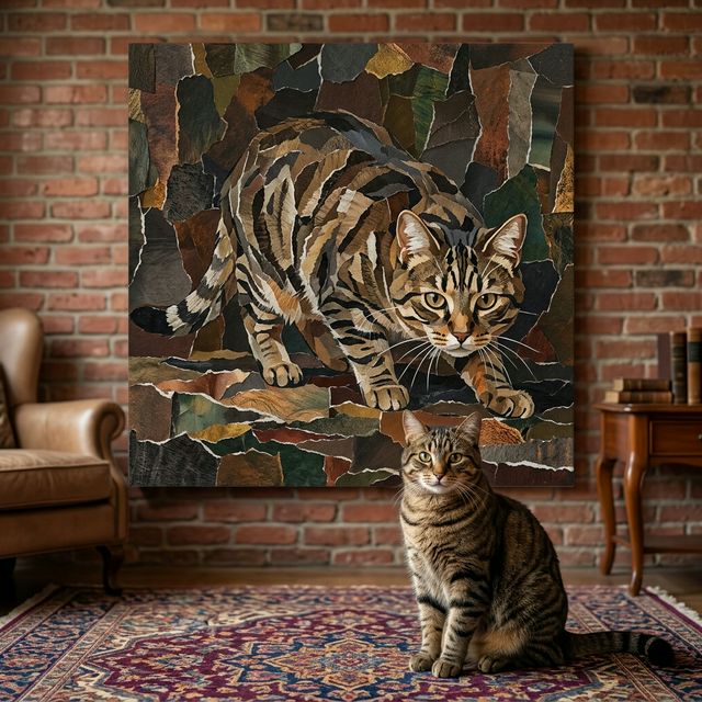 Modern Collage Canvas room mockup; custom cat portrait canvas from photo in the Modern Collage style; spotted tabby-like cat; proof before print.