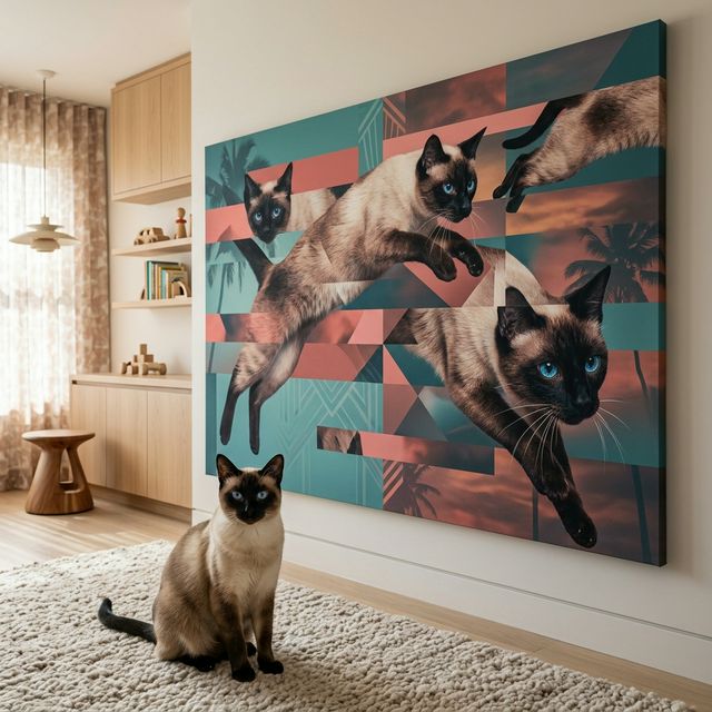 The Fragmented Identity Canvas room mockup; custom cat portrait canvas from photo in the The Fragmented Identity style; pointed cat; proof before print.