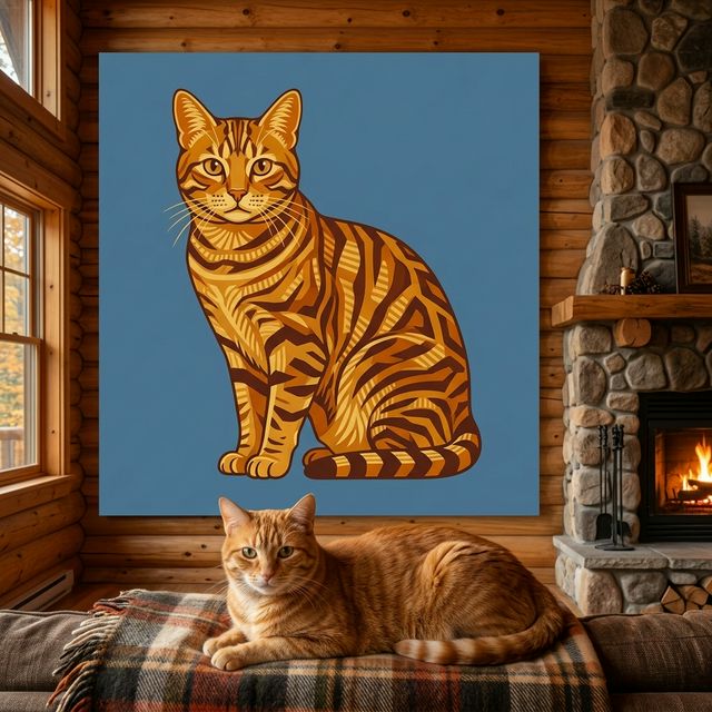 Graphic Wild Form Canvas room mockup; custom cat portrait canvas from photo in the Graphic Wild Form style; orange tabby cat; proof before print.