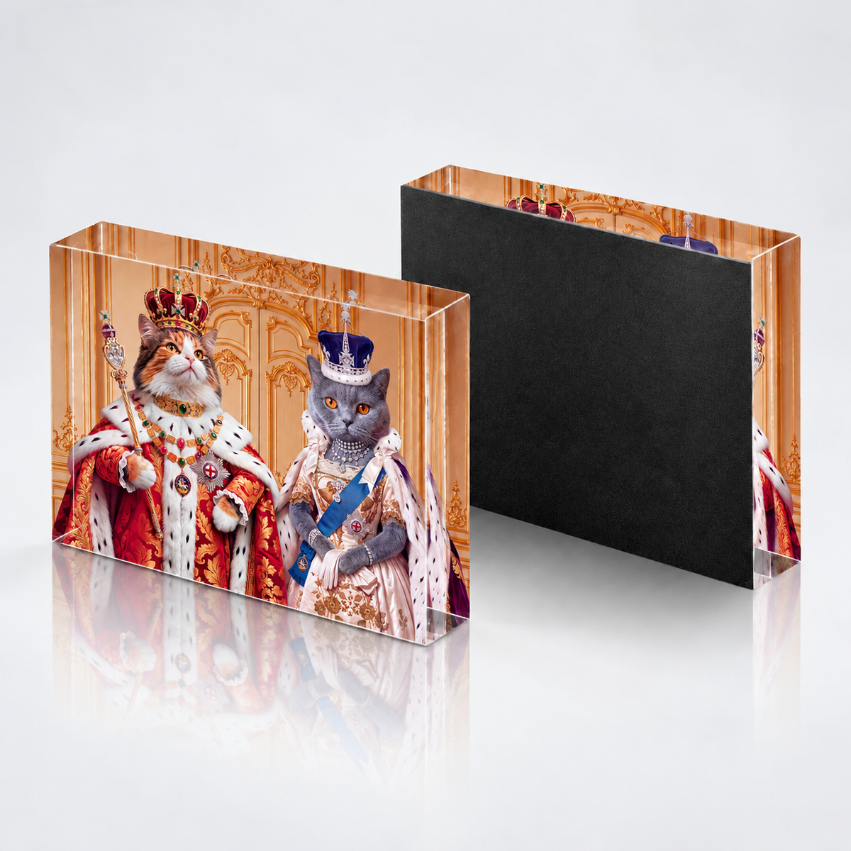 Custom cat portrait acrylic block, Royal style, 2 cats, front and back with the textured black backing