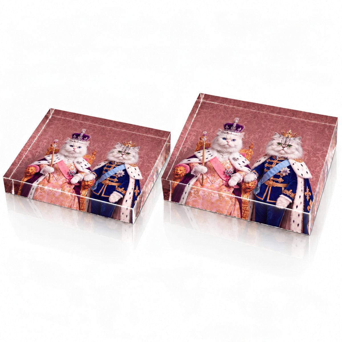 Custom cat portrait acrylic block, Royal Queen style, 2 cats, the standard 1 inch block next to the extra thick block