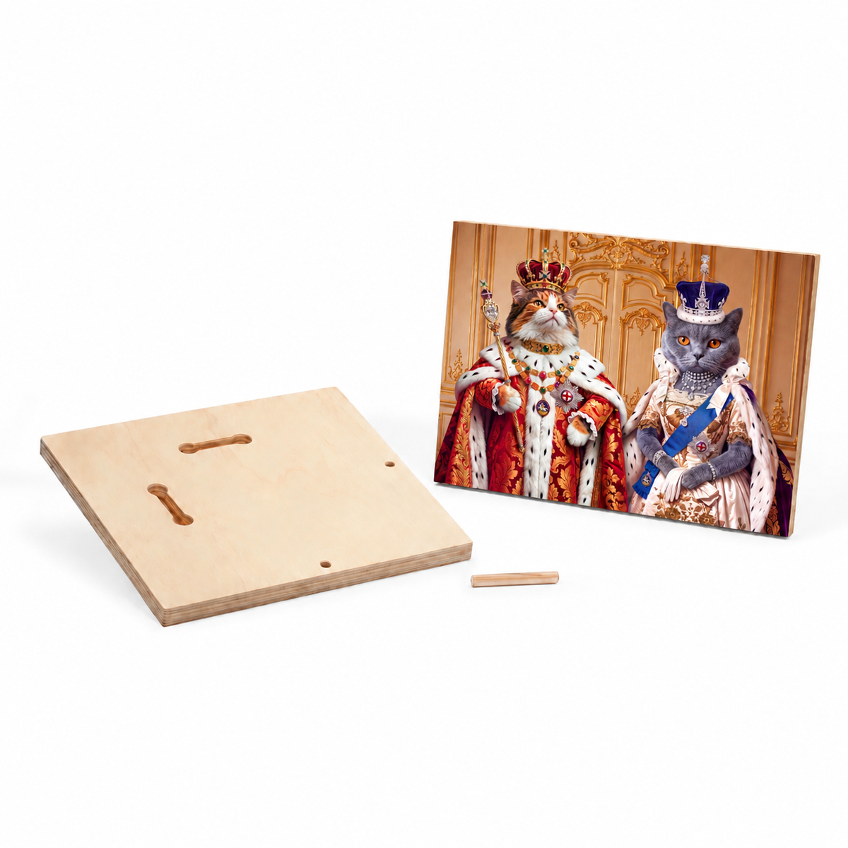 Custom cat portrait maple wood print, Royal style, 2 cats, back with keyholes and the wooden dowel for standing it on a shelf