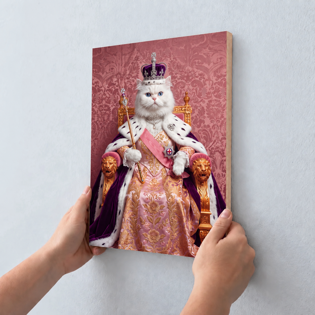 Custom cat portrait maple wood print, Royal Queen style, 1 cat, being hung on a wall