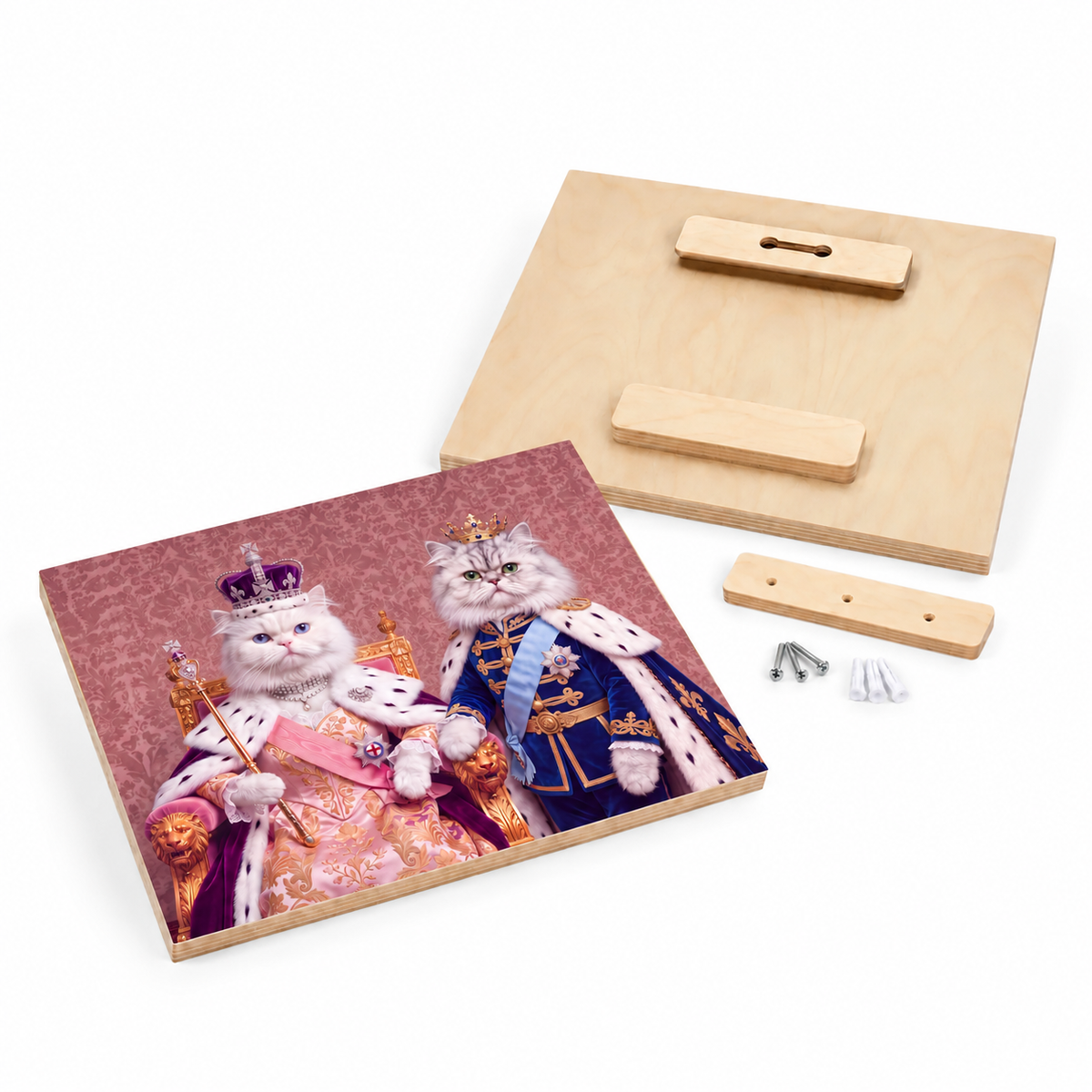 Custom cat portrait maple wood print, Royal Queen style, 2 cats, front and back with the wood float hanger, wall cleat, screws and anchors