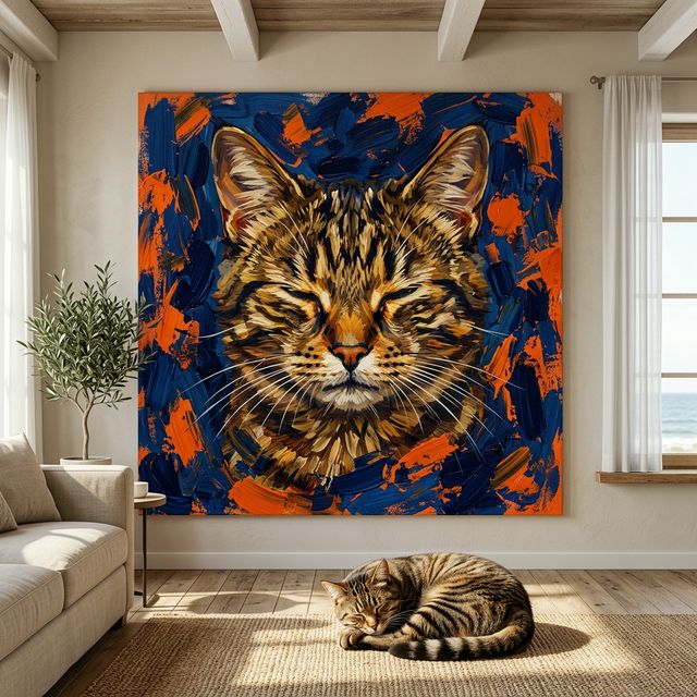 Expressive Brushstroke Canvas room mockup; custom cat portrait canvas from photo in the Expressive Brushstroke style; brown tabby cat; proof before print.