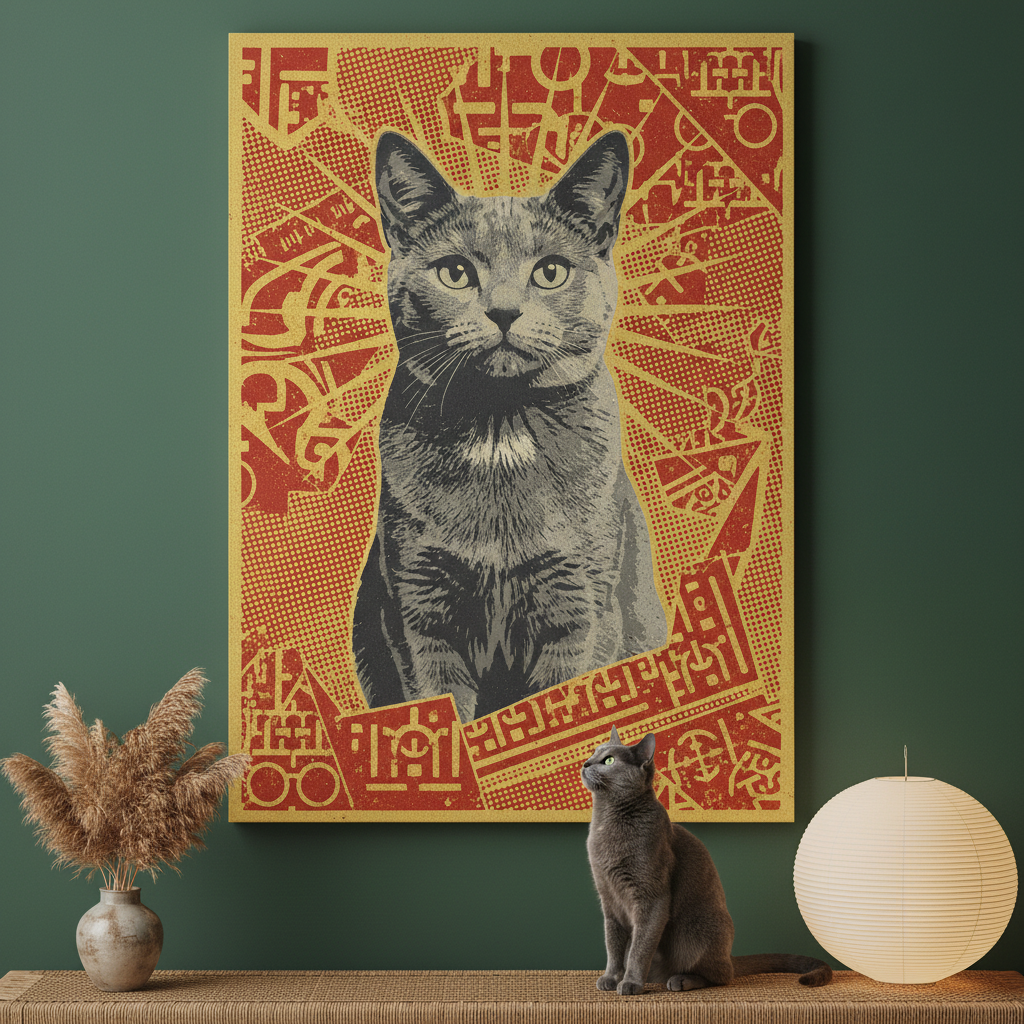 Risograph Canvas room mockup; custom cat portrait canvas from photo in the Risograph style; gray cat; proof before print.