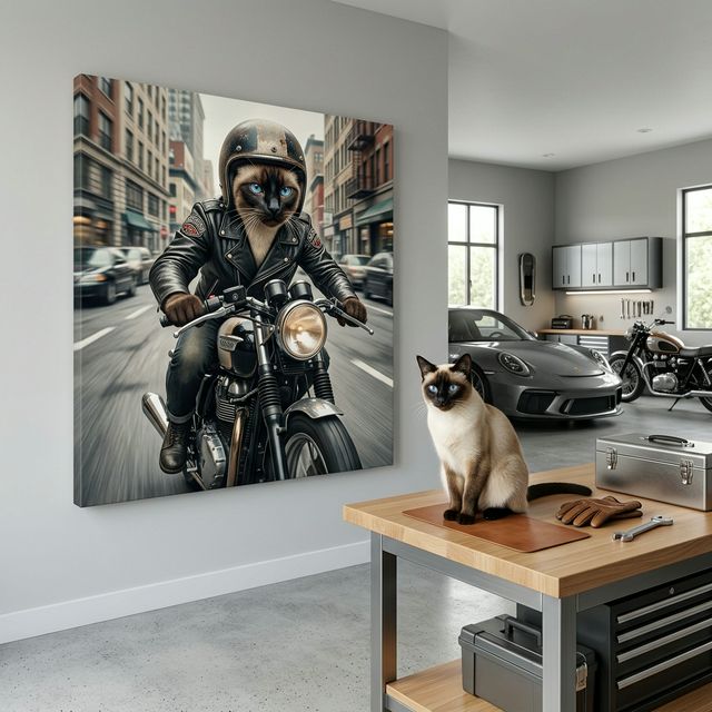 Cinematic Biker Canvas room mockup; custom cat portrait canvas from photo in the Cinematic Biker style; kitchen-themed; pointed cat; proof before print.