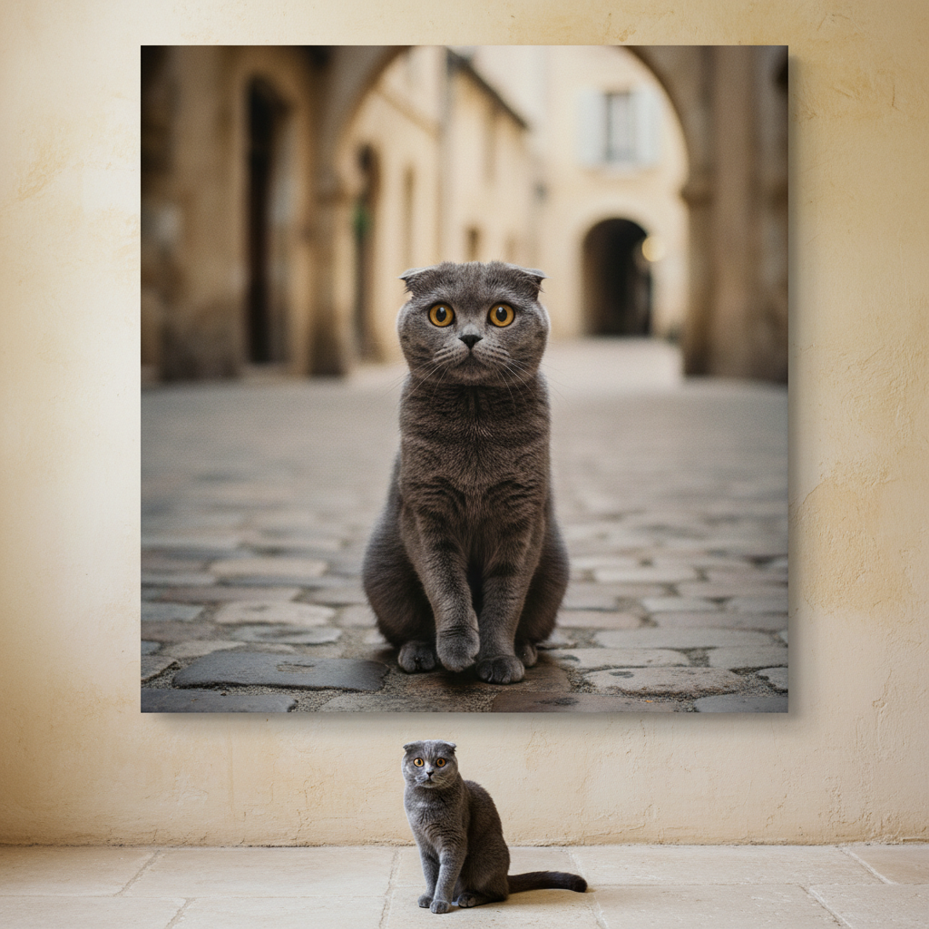 Rural Stone Canvas room mockup; custom cat portrait canvas from photo in the Rural Stone style; gray cat; proof before print.